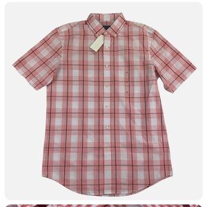 Club Room Mens Check Plaid Printed Short Sleeve Button Down Shirt Pink XL